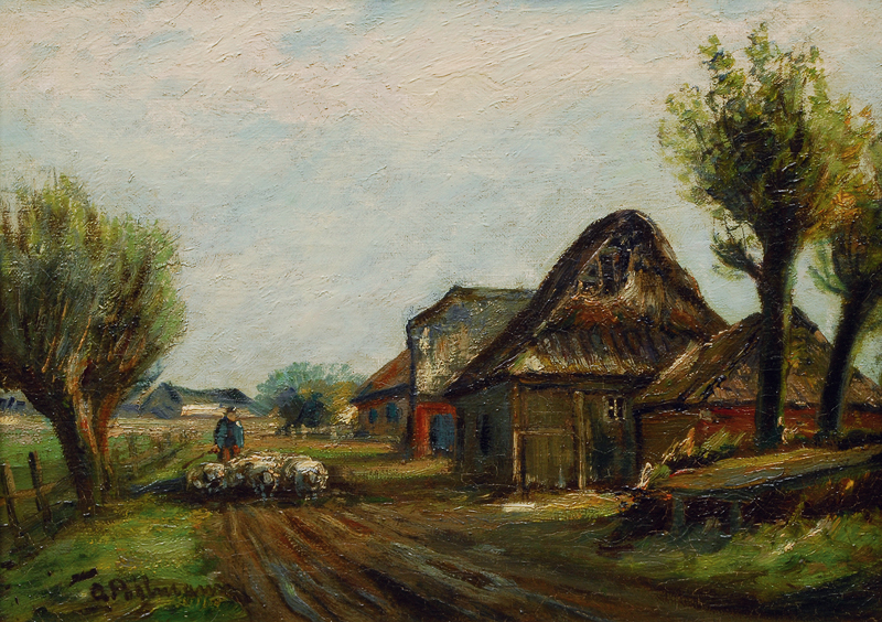 Schäfer mit Herde in einer Dorfstraße
