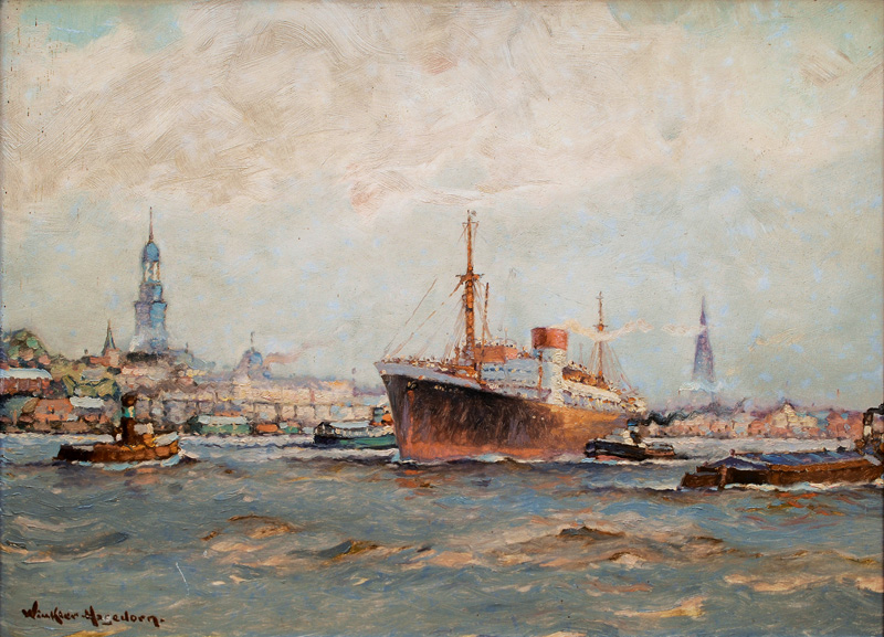 View on Hamburg harbour and passenger liner