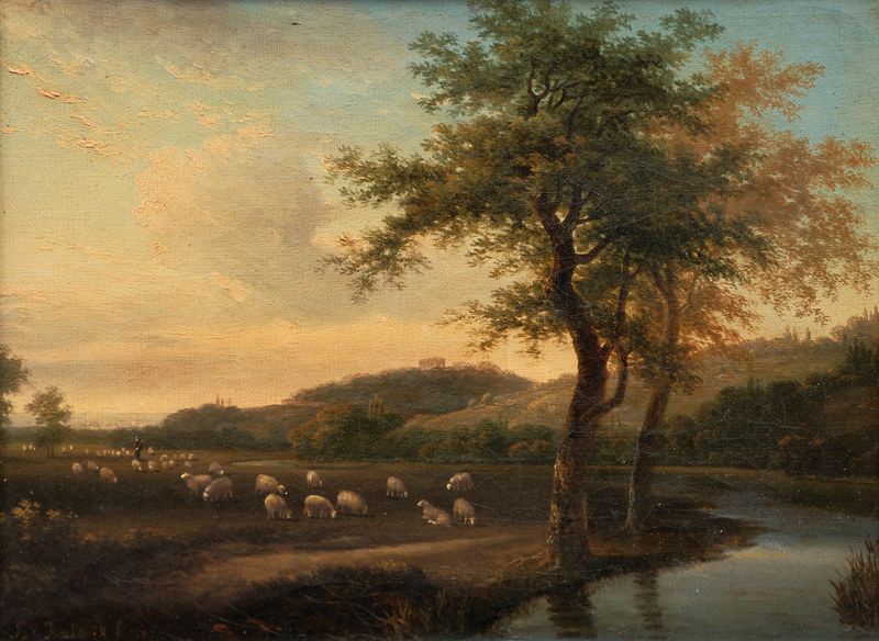 Schafherde in einer Flußlandschaft