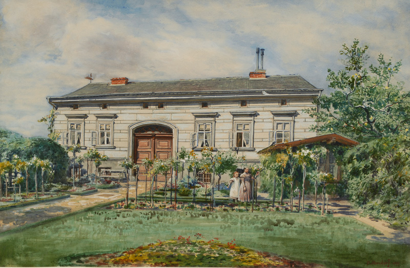 Girls in a Garden in Front of a Villa