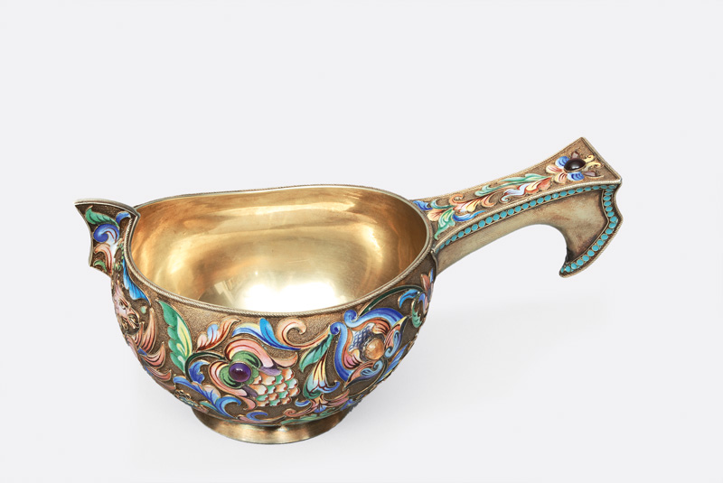 Feiner russische Cloisonné-Kovsh mit höfischem Doppeladler-Dekor