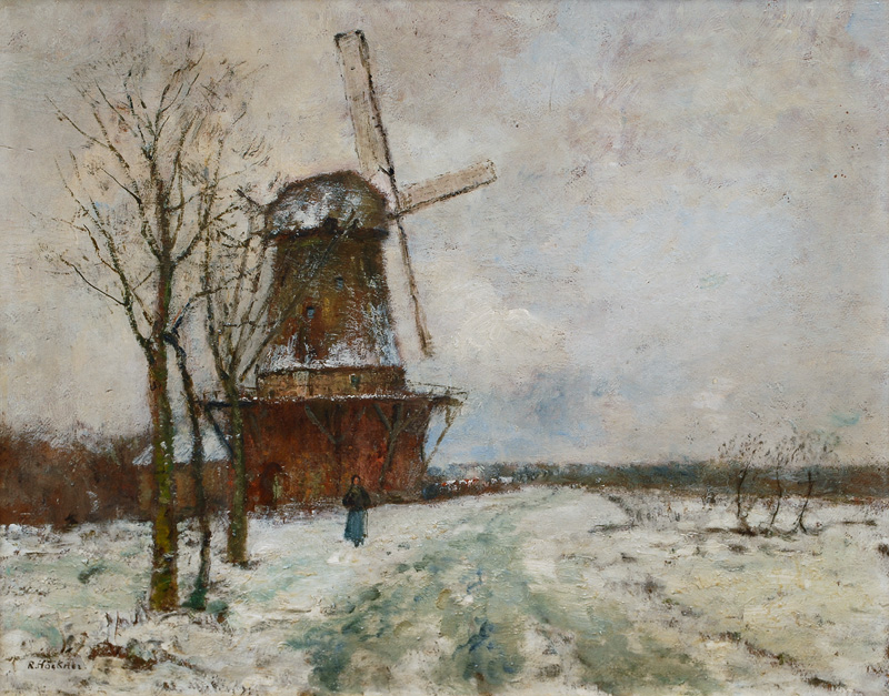 Winterlandschaft mit Mühle und Spaziergängerin