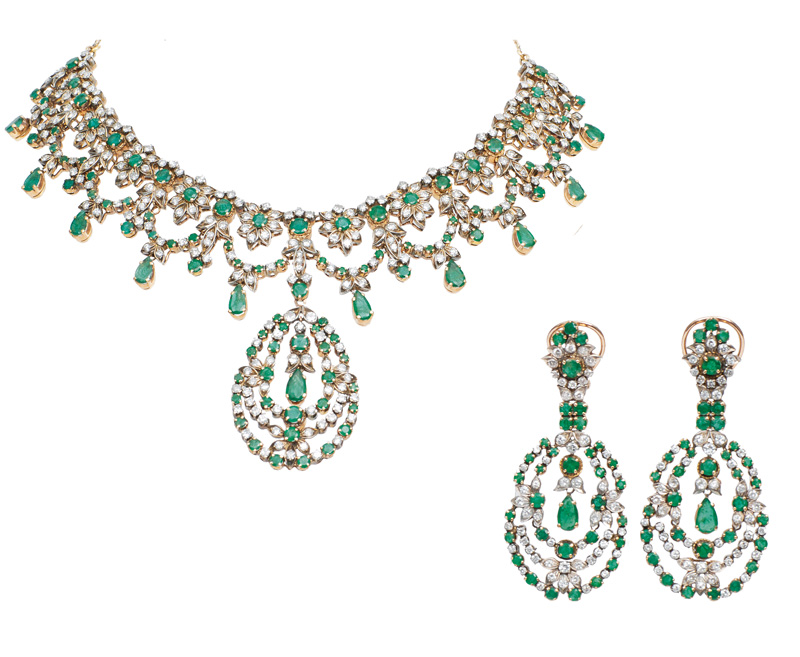 Smaradgd-Diamant-Collier mit Paar Ohrgehängen im viktorianischem Stil