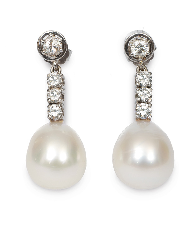 A pair of fine pearl diamond ear pendants