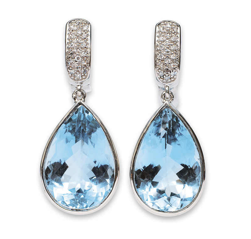 A pair of fine topaz diamond ear pendants