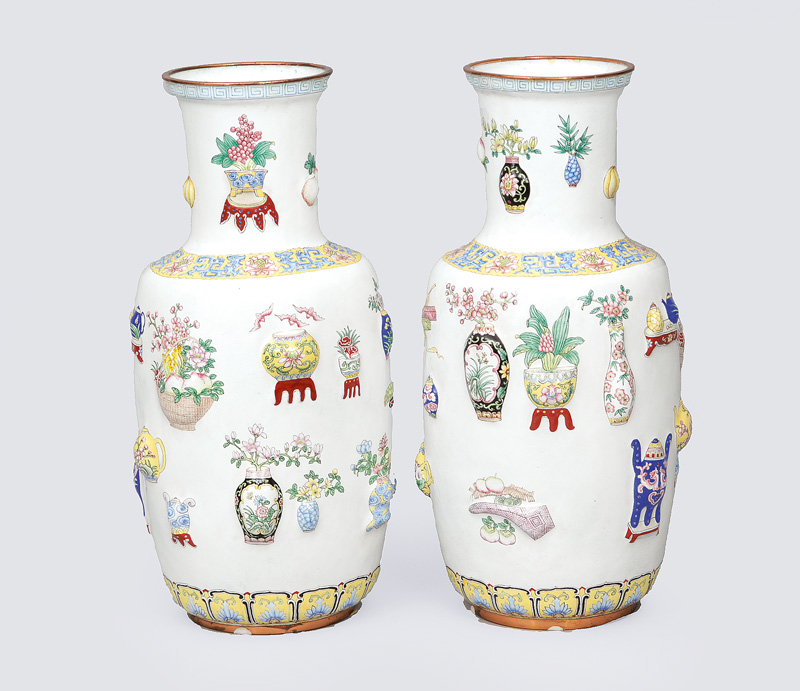 A pair of large Kanton vases with symbols of luck