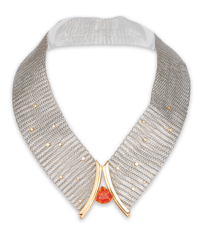 An extraordinary, modern platinum necklace with a fire opal