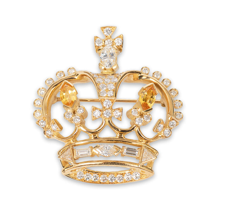 An extraordinary brooch in crown shape with diamonds and citrines