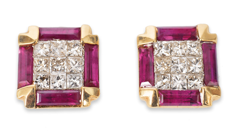 A pair of diamond ruby ear studs