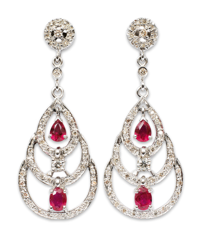 A pair of ruby diamond ear pendants