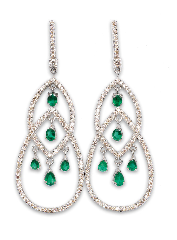 A pair of fine emerald diamond earpendants