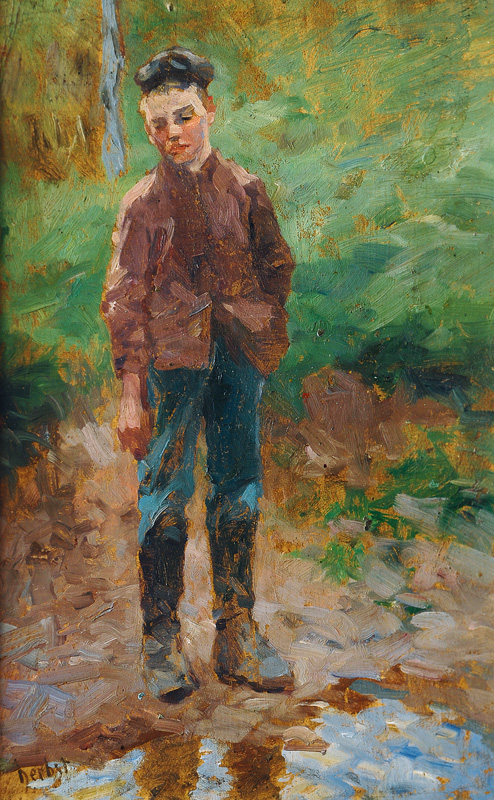 Junge am Ufer eines Teichs