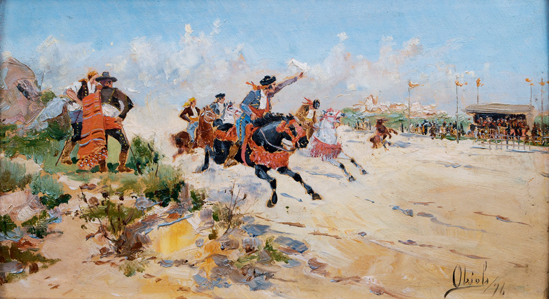 Paar Gemälde: Pferderennen in Andalusien - Pferdemarkt in Sevilla