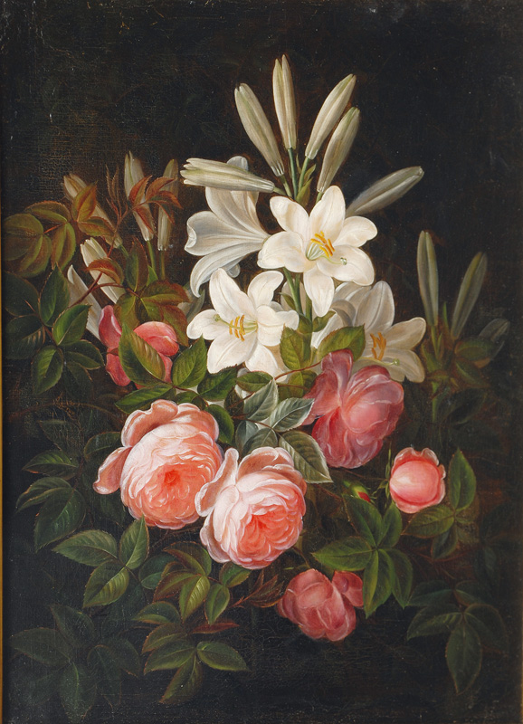 Johan Laurents Jensen, Schule - Blumenstilleben mit Rosen und Lilien Blumenstilleben mit Rosen und Lilien