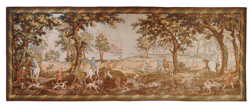 A large gobelin with galant Rokoko scenes "Parforce hunting"
