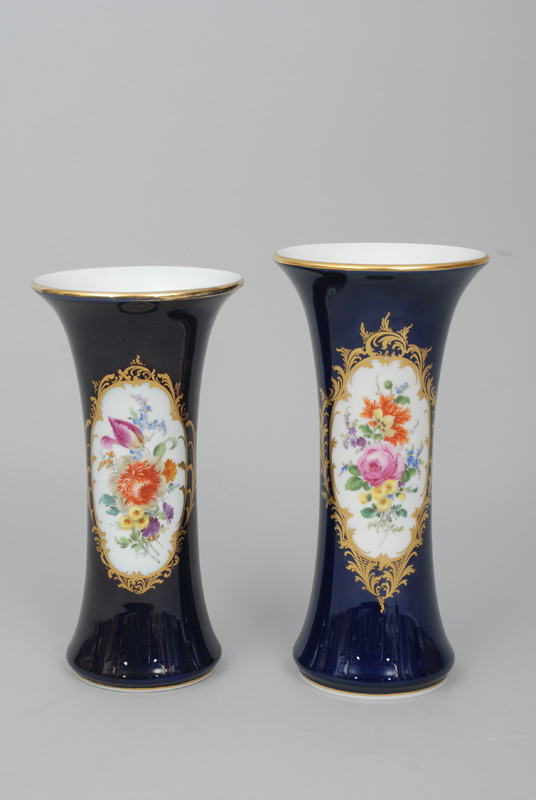 - Two bar-shaped vases with cobalt blue ground, gilded cartouches and bouquets Two bar-shaped vases with cobalt blue ground, gilded cartouches and bouquets