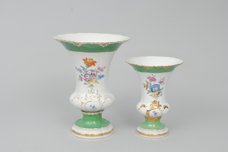 Two different high crater-shaped vases with flower painting