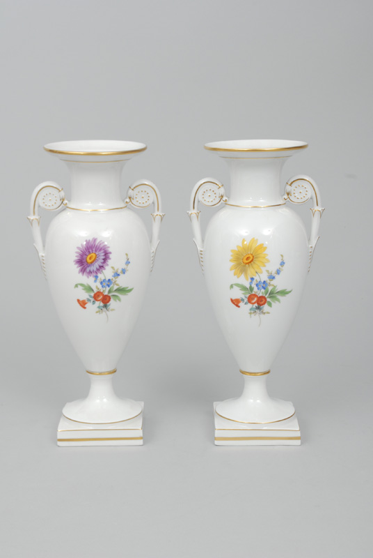 A pair of amphorae-shaped vases with flower painting and gilding