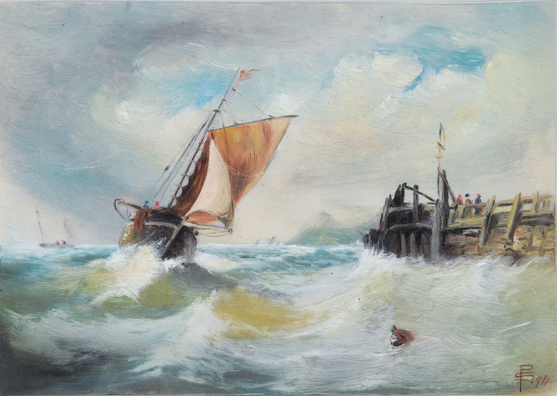 Paar Gemälde: Fischerboot auf rauher See - Landschaft mit Windmühle