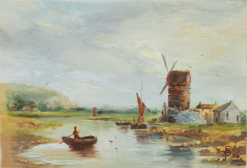 Paar Gemälde: Fischerboot auf rauher See - Landschaft mit Windmühle - Bild 2