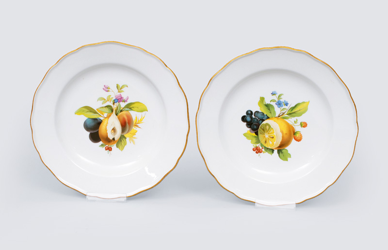 A pair plates with fruit painting and gilded rim