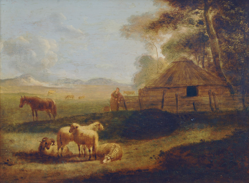 Sunlit Meadow with Shepherdess and Sheep