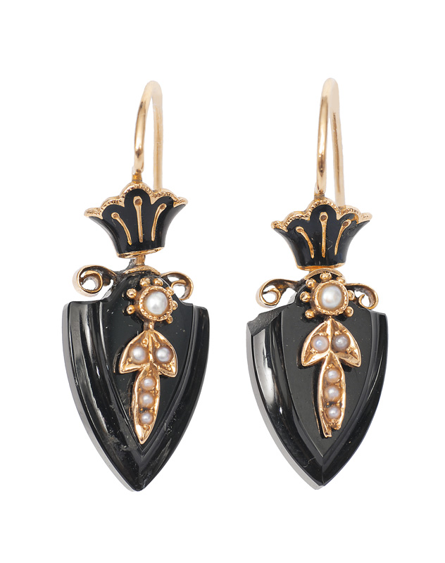 Paar Napoleon-III-Onyx-Ohrringe mit Perlen-Besatz