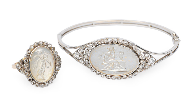 An Art deco bangle bracelet and ring with cameo and diamonds