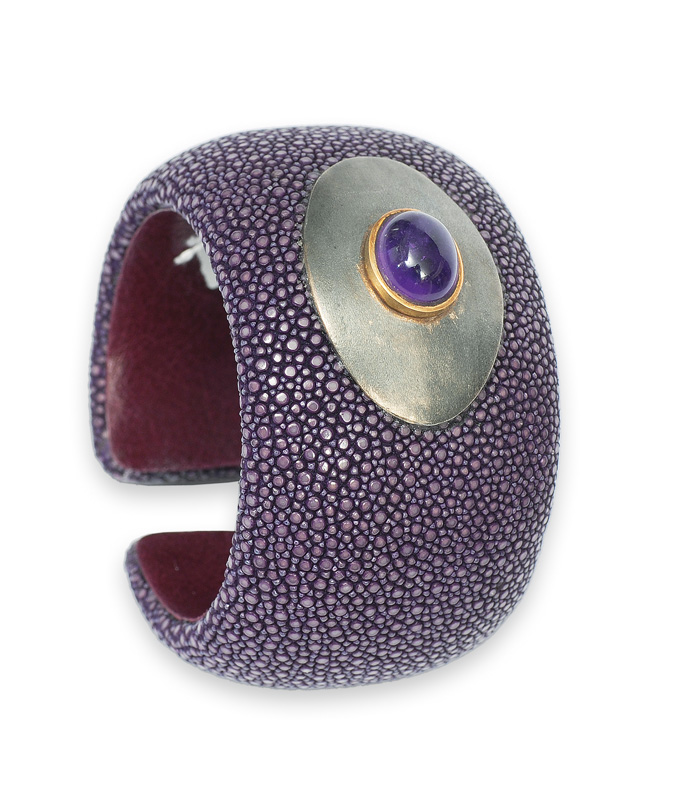 A violet ray leather bangle bracelet with amethyst cabochon by "a cuckoo moment"