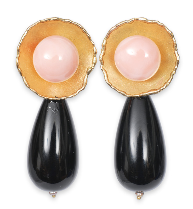 A pair of large earpendants with onyx and coral