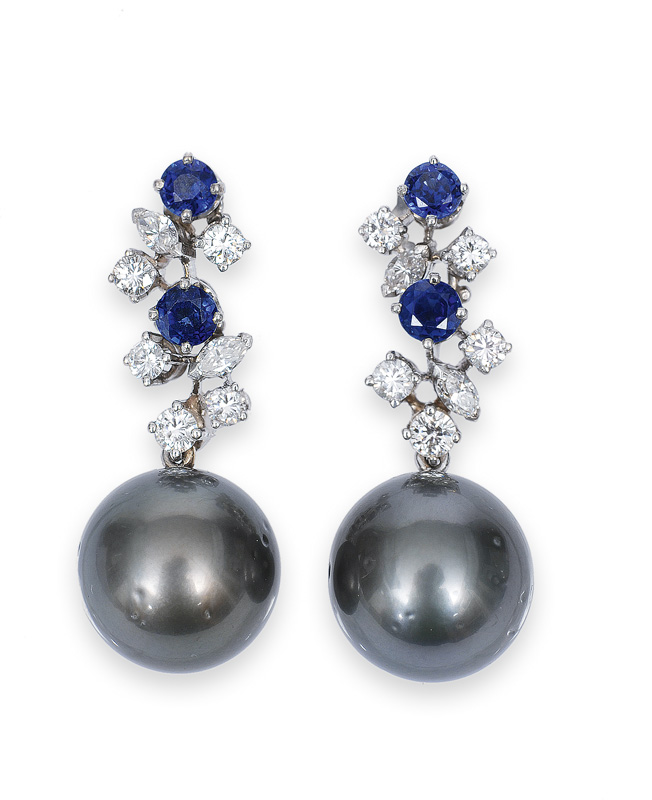 A pair of Tahiti pearl earpendants with sapphires and diamonds