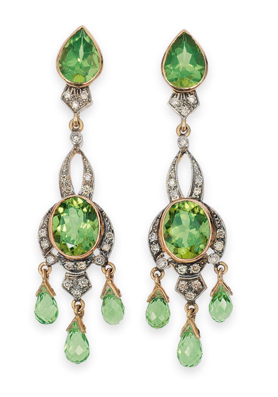 A pair of peridot diamond earpendants in the Victorian style