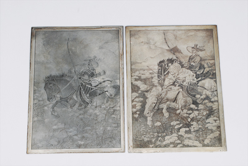A pair of printing plate with equestrian scenes