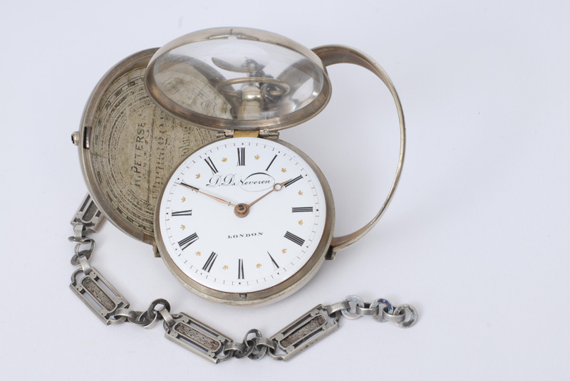 A big verge pocket watch with double case and watch chain