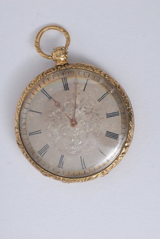 A small open-face pocket watch with rich engraved case