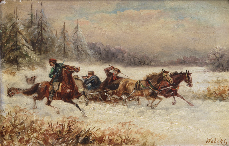 Paar Gemälde mit Pferdeschlitten