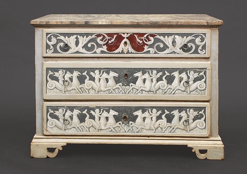 - A coloured Louis-Seize chest of drawers with decoration of hippocampus A coloured Louis-Seize chest of drawers with decoration of hippocampus