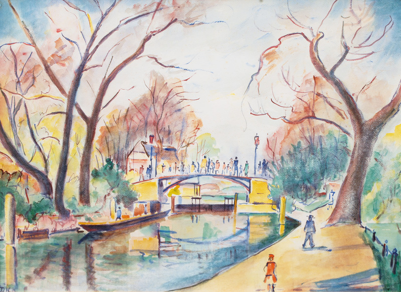 Hermann Dick - Autumnal Canal with populated Bridge Autumnal Canal with populated Bridge