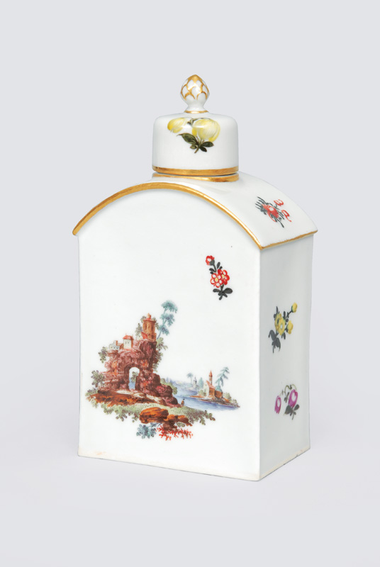Teedose mit lupenfeiner Landschaftsmalerei wohl von Pascha Johann Friedrich Weit