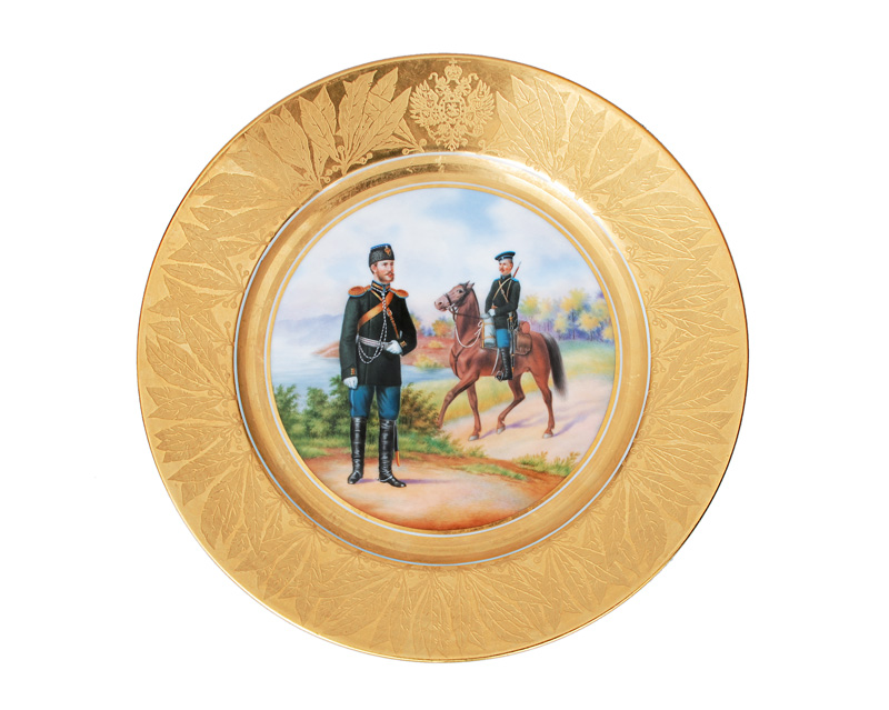 A Russian pompouse plate of a military service of Nicholas II.
