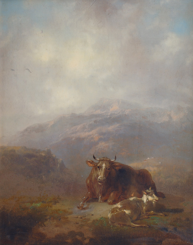 Ochse und Ziege vor Alpenlandschaft