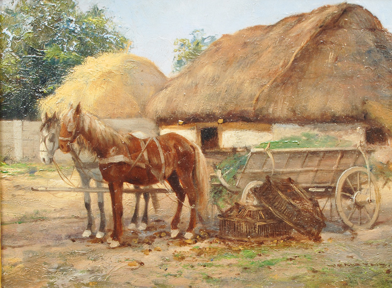 Horse and Cart on a Hungarian Barnyard
