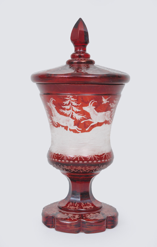 A Biedermeier glass goblet with hunting scenes