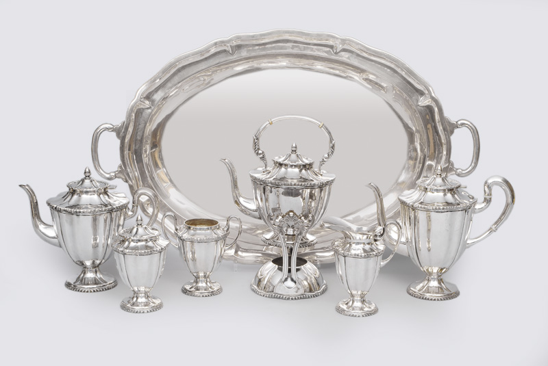 An extensive coffee and tea service with tray