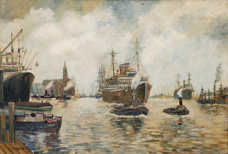 Hamburg Port with Steamer and Kehrwiederspitze