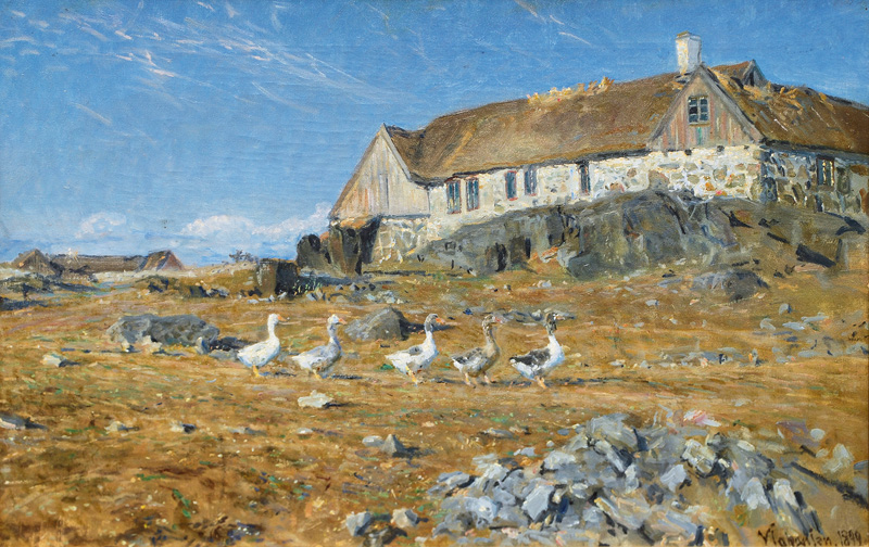 Geese in front of a large Farmhouse