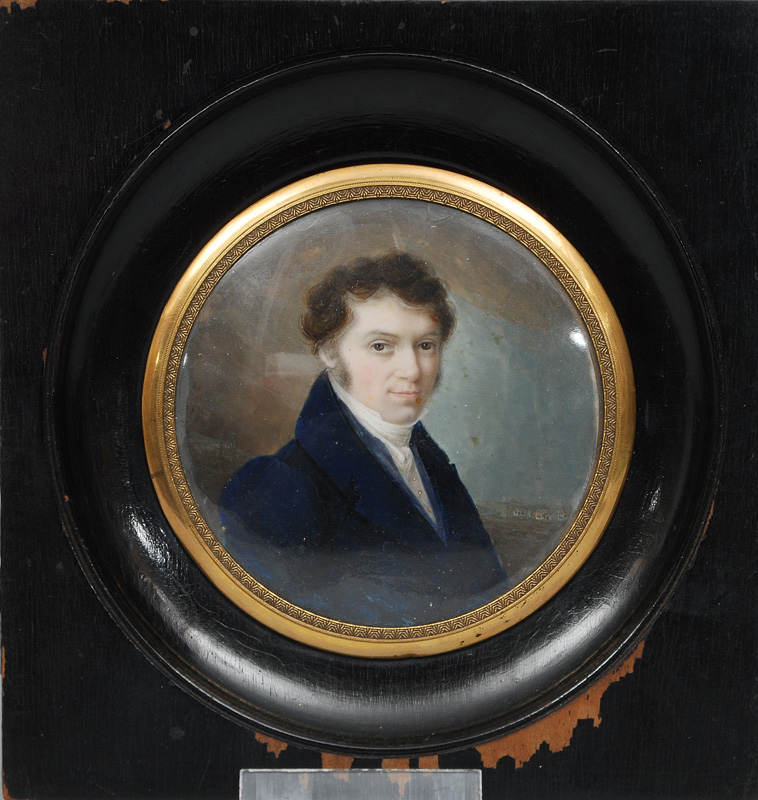 A Biedermeier miniature portrait "Young man in blue coat"