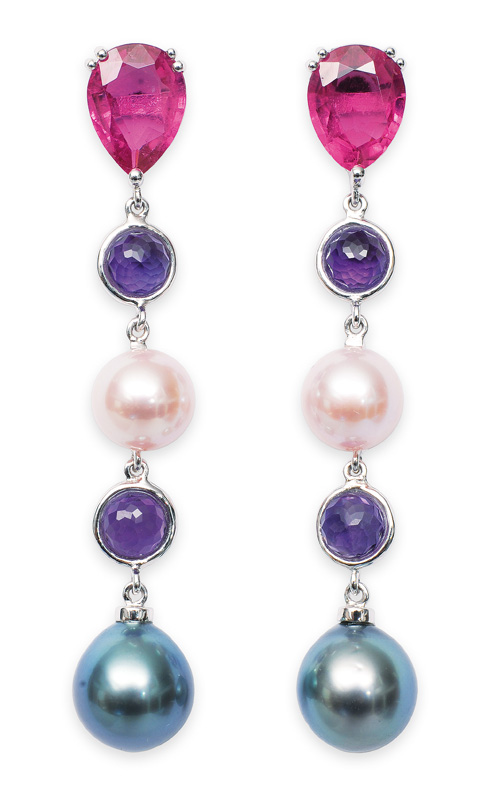 A pair of coloured stone-pearl-ear pendant