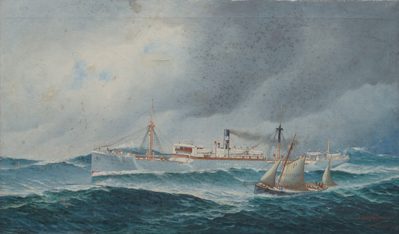 Portrait des Dampfschiffs Helene Menzell mit einem Lotsenboot