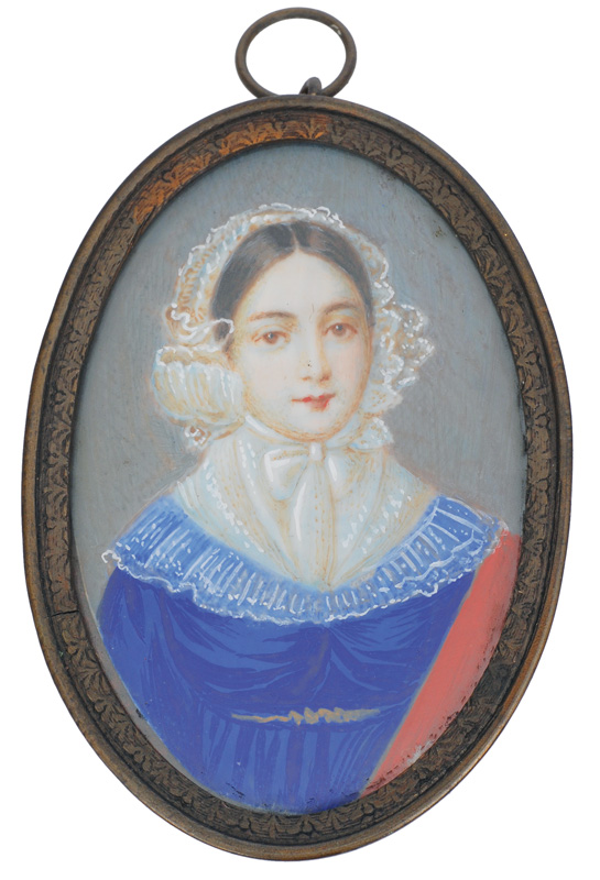 A Biedermeier miniature portrait "Young lady in a blue dress"